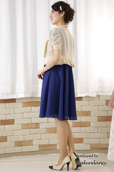 ロイヤルブルーのハイウエスト切替フリルシフォンドレス