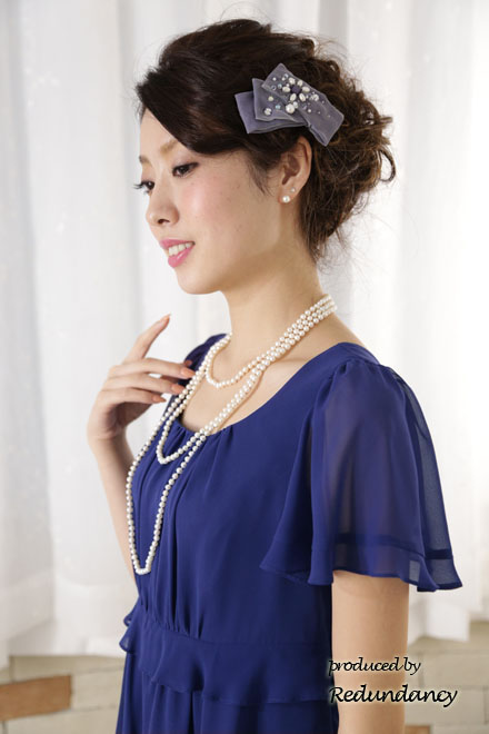 ロイヤルブルーのハイウエスト切替フリルシフォンドレス