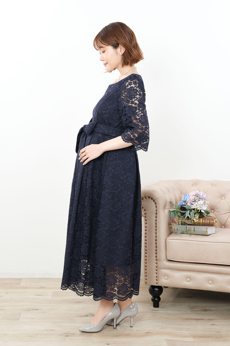 ネイビーの授乳口付きマタニティドレス