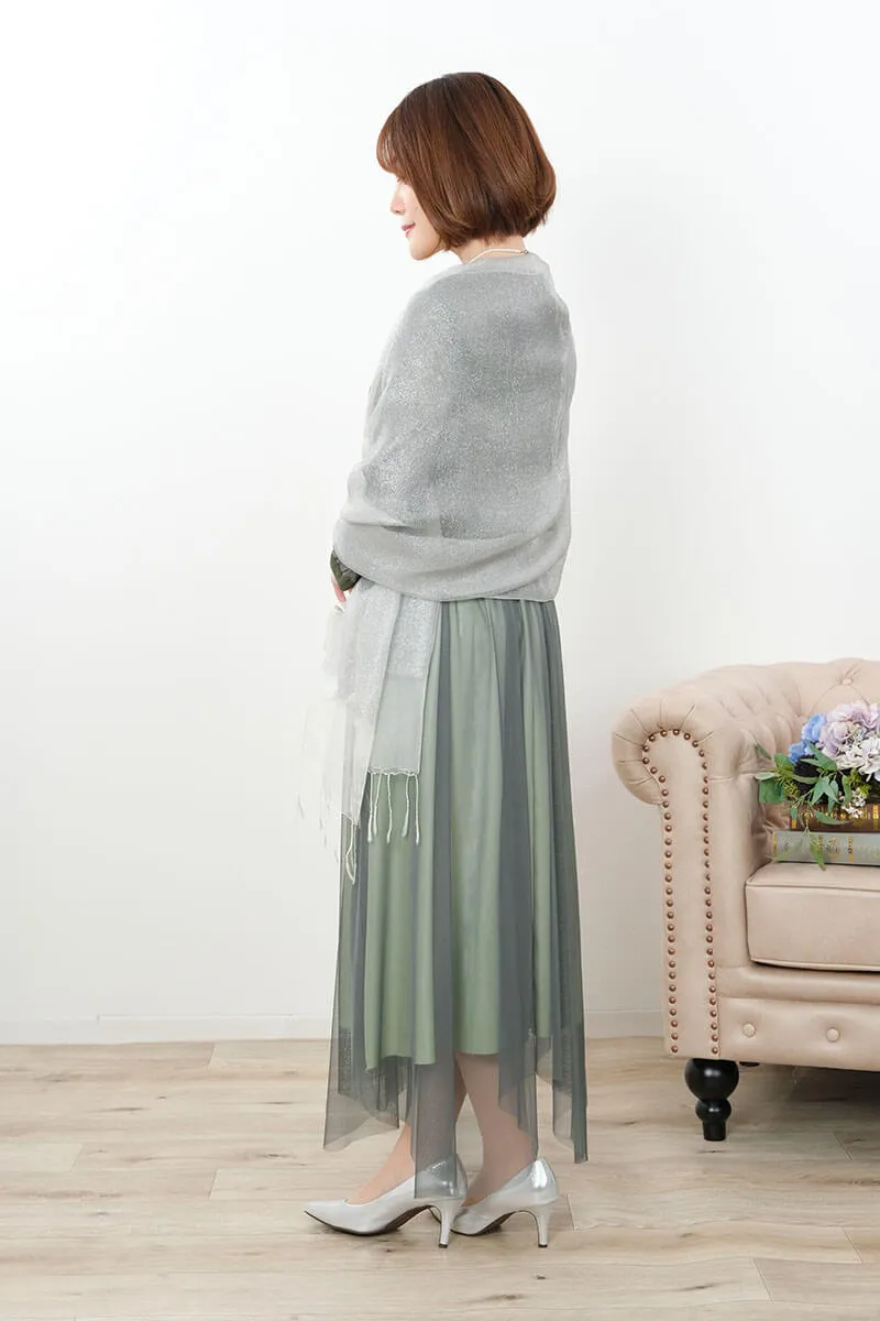 グリーンのフロントフリルチュールドレス