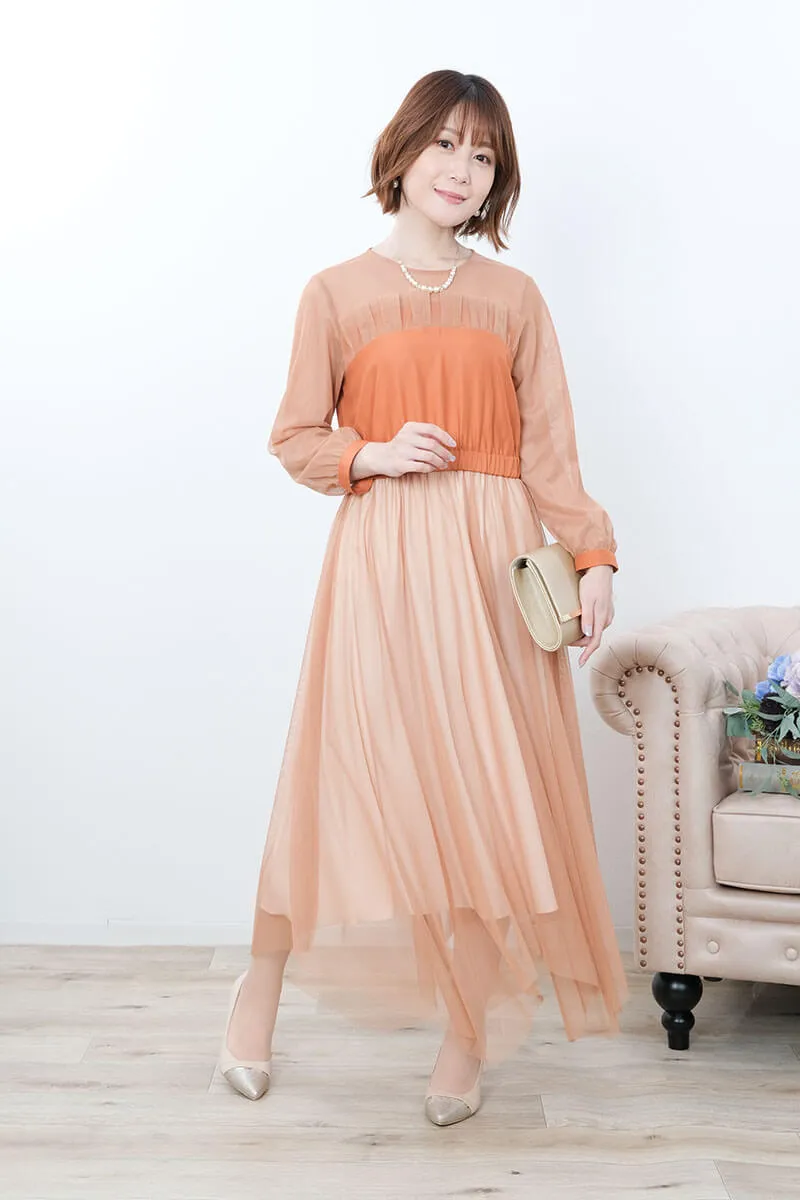 オレンジのフロントフリルチュールドレス