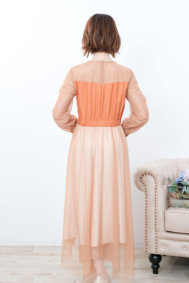 オレンジのフロントフリルチュールドレス