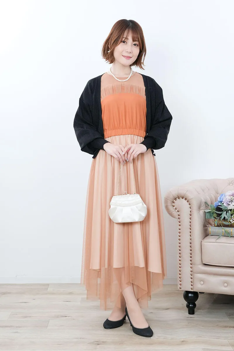 オレンジのフロントフリルチュールドレス