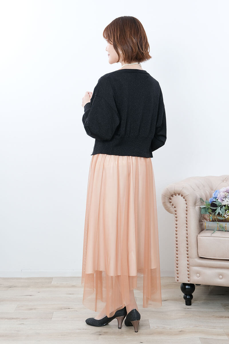 オレンジのフロントフリルチュールドレス