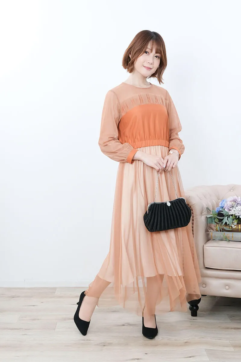 オレンジのフロントフリルチュールドレス