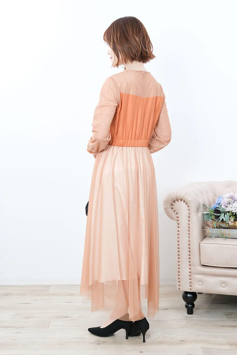 オレンジのフロントフリルチュールドレス