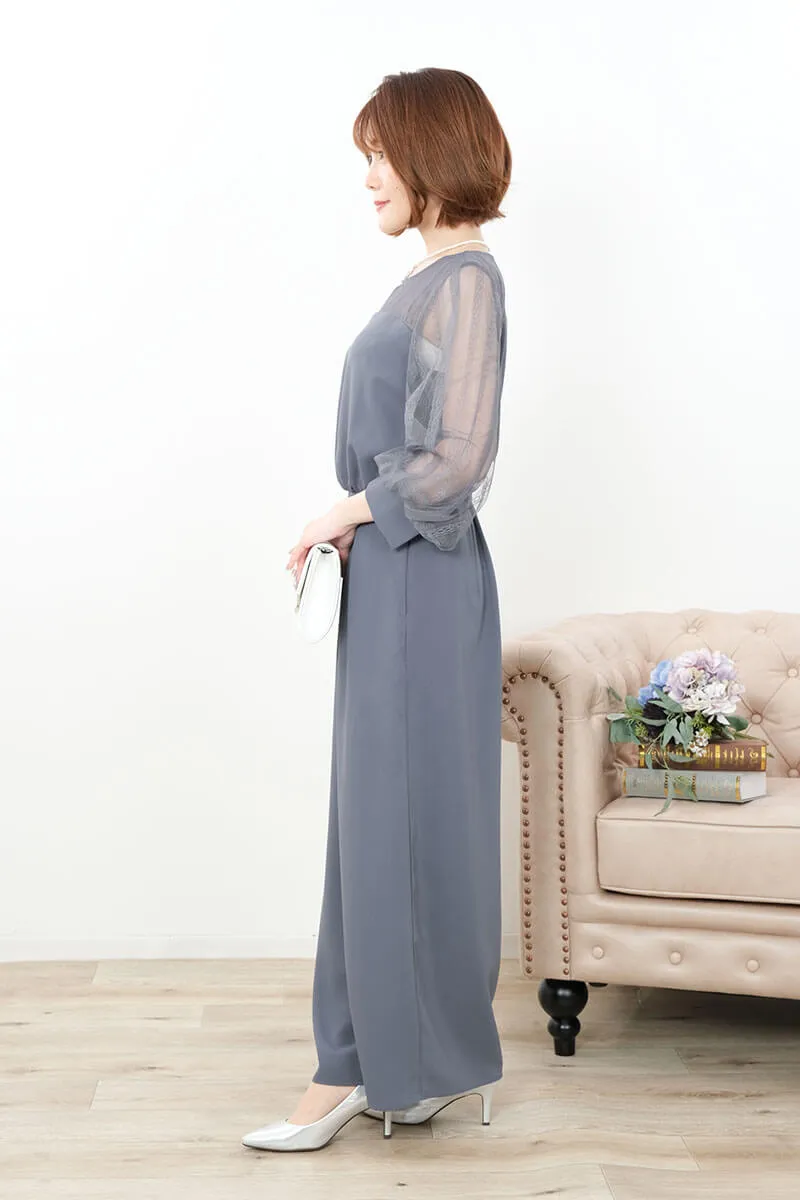 ダルブルーのボリュームレーススリーブパンツドレス