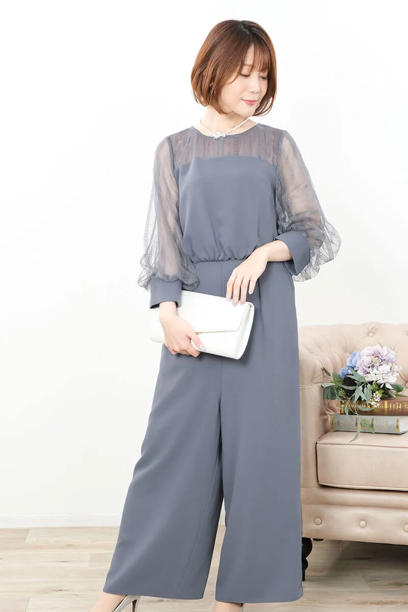 ダルブルーのボリュームレーススリーブパンツドレス