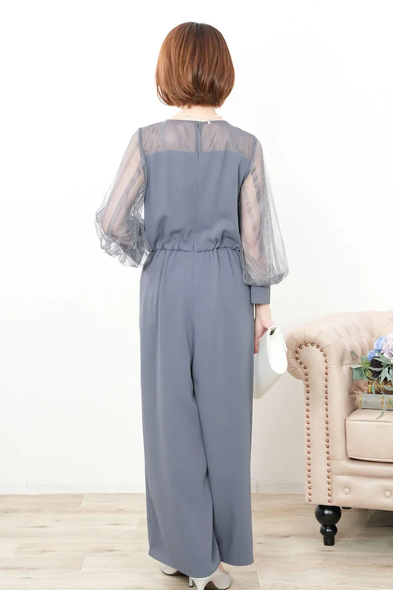 ダルブルーのボリュームレーススリーブパンツドレス