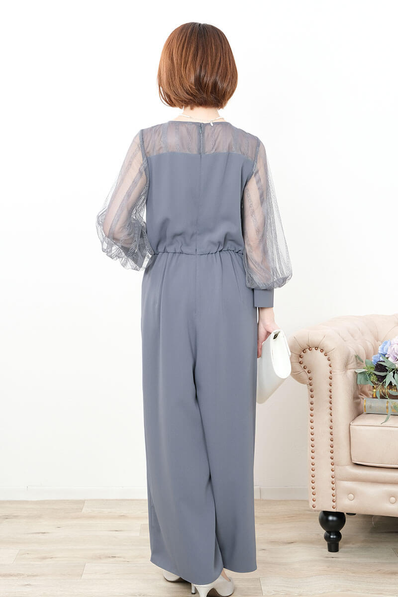 ダルブルーのボリュームレーススリーブパンツドレス
