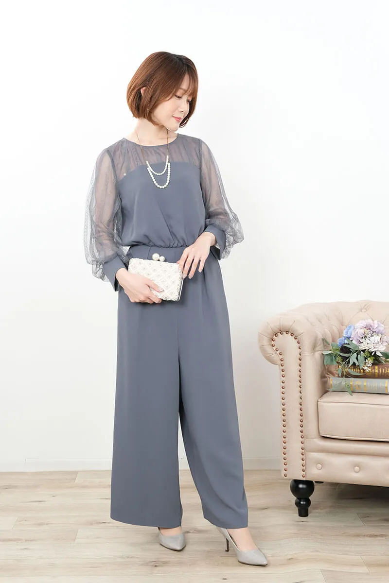 ダルブルーのボリュームレーススリーブパンツドレス