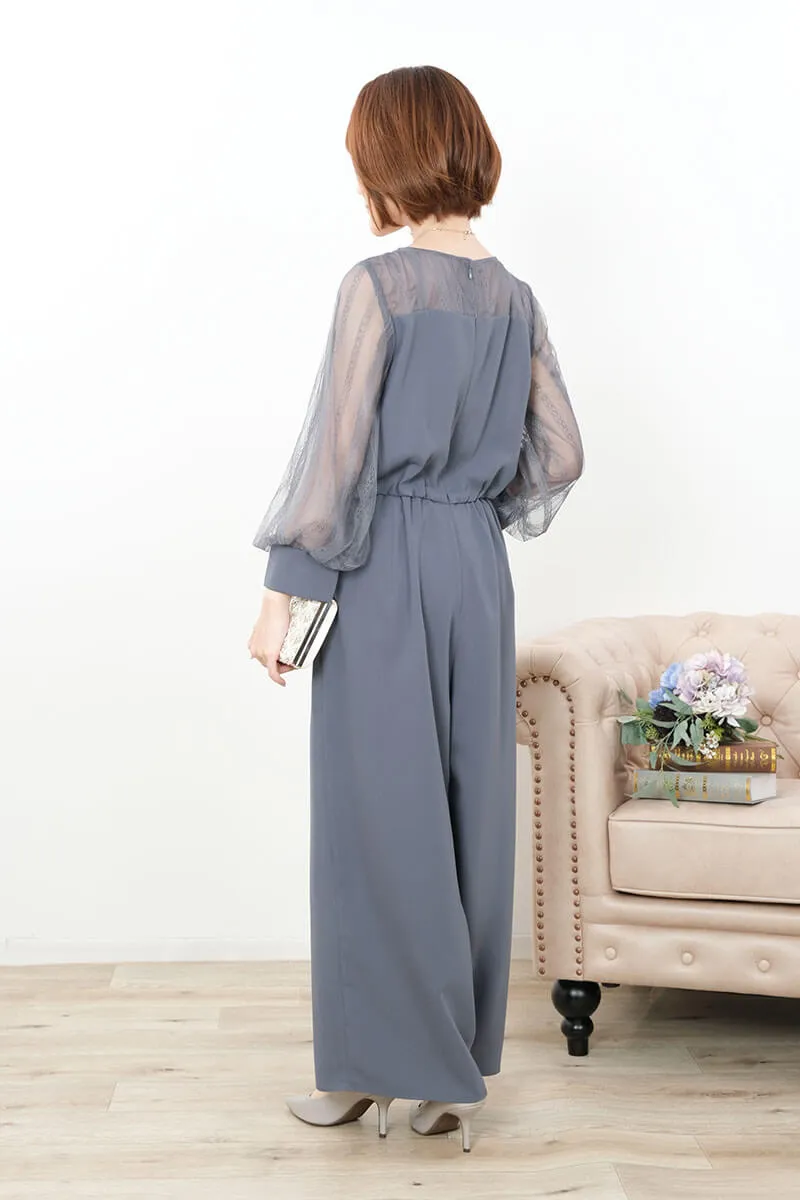 ダルブルーのボリュームレーススリーブパンツドレス