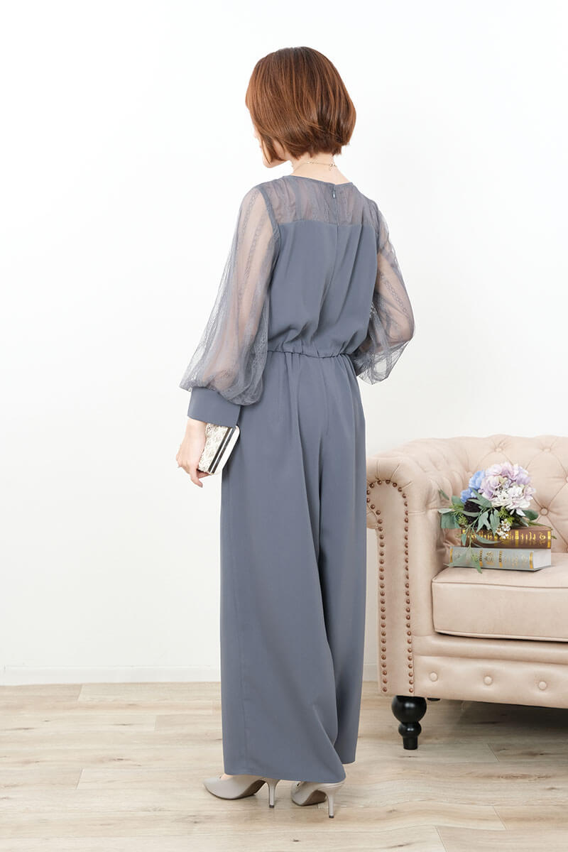 ダルブルーのボリュームレーススリーブパンツドレス