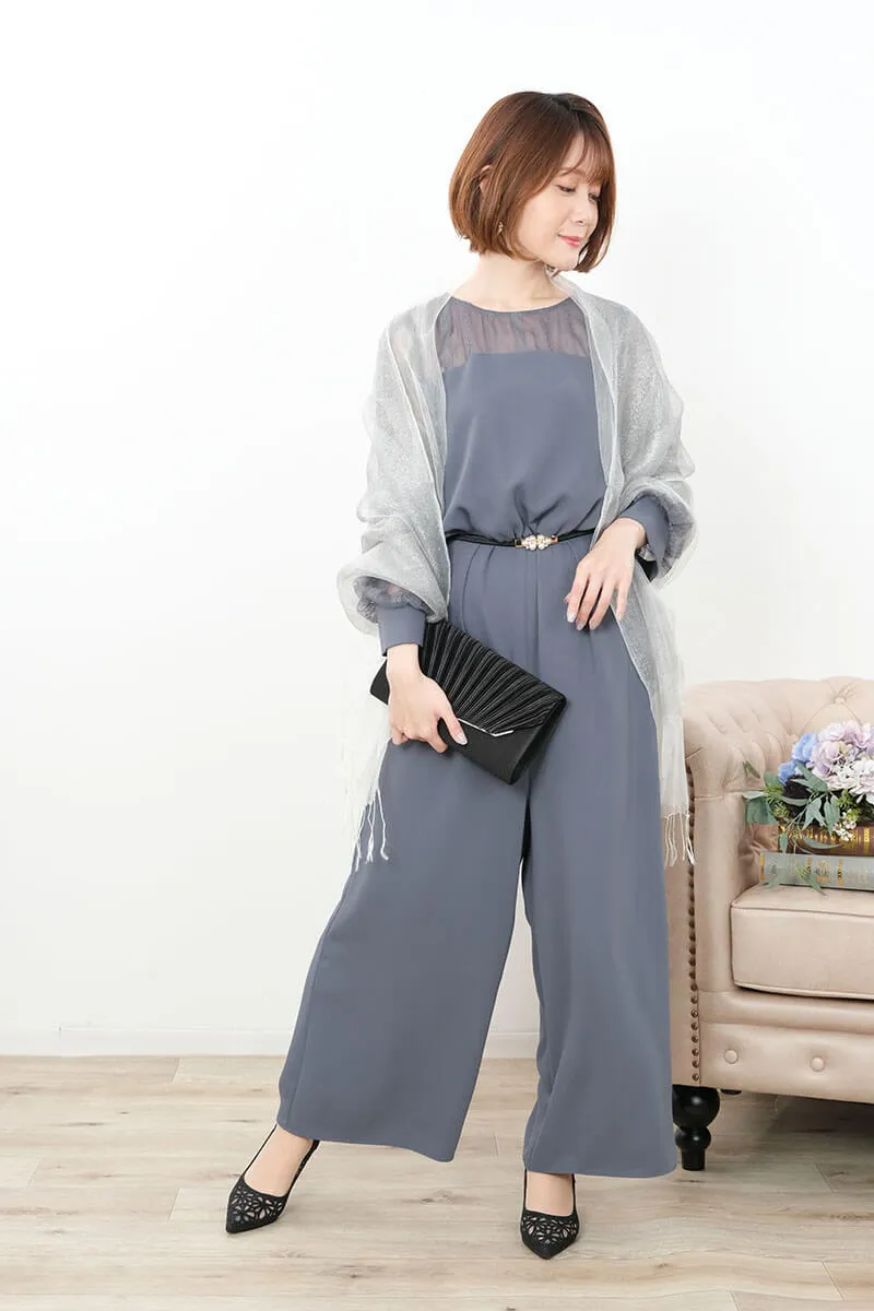 ダルブルーのボリュームレーススリーブパンツドレス