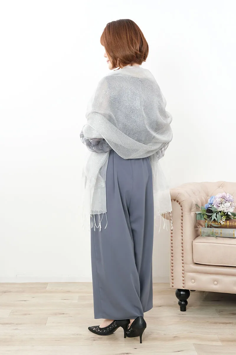 ダルブルーのボリュームレーススリーブパンツドレス