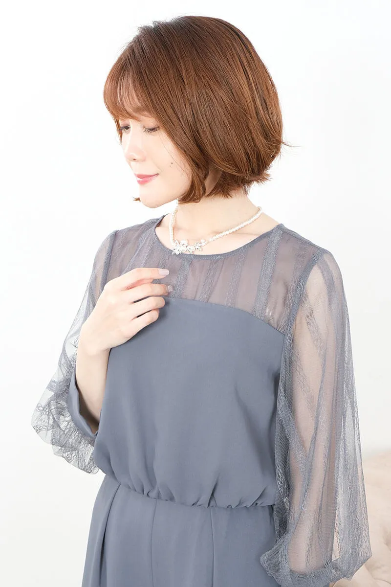 ダルブルーのボリュームレーススリーブパンツドレス