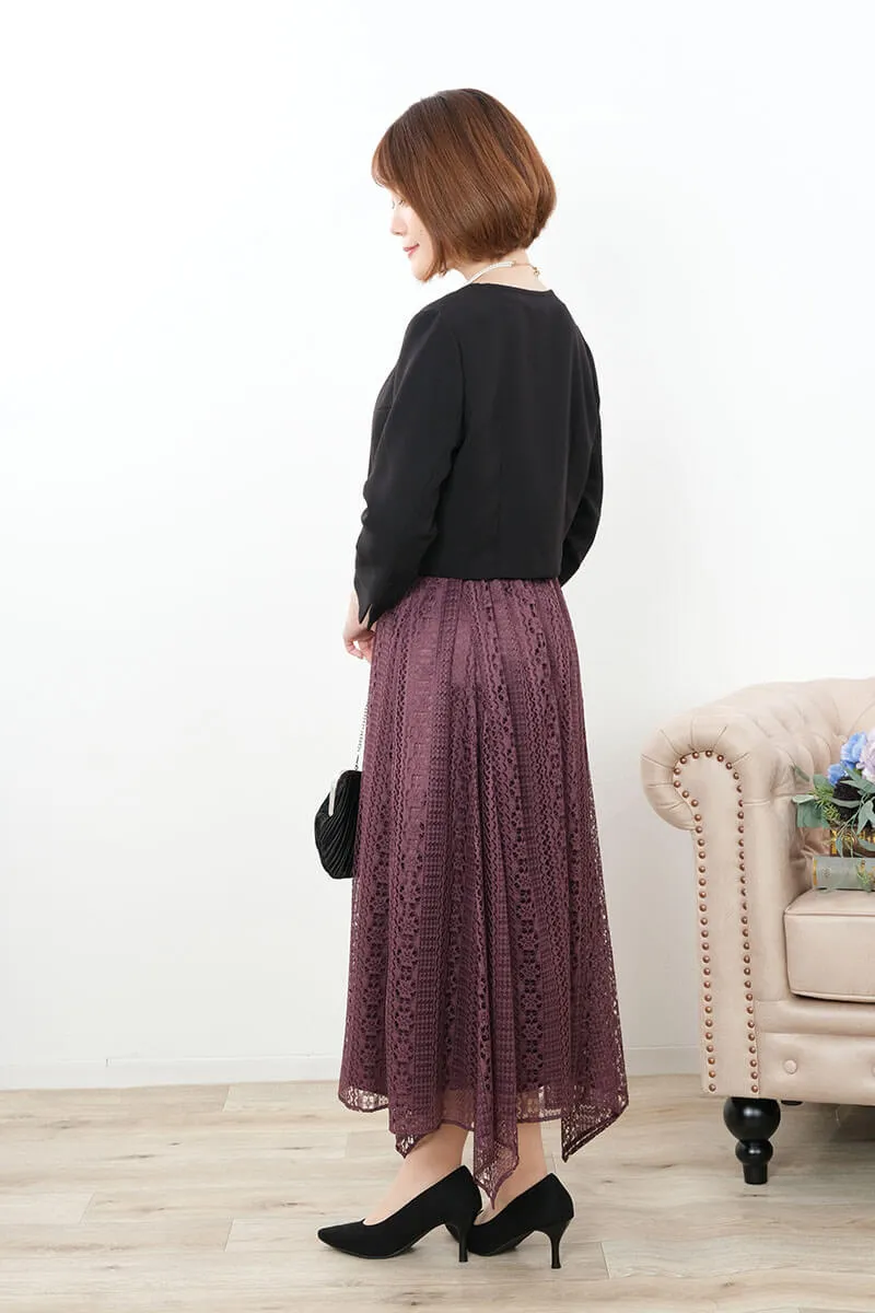 ワインレッドのアシンメトリーストライプレースドレス