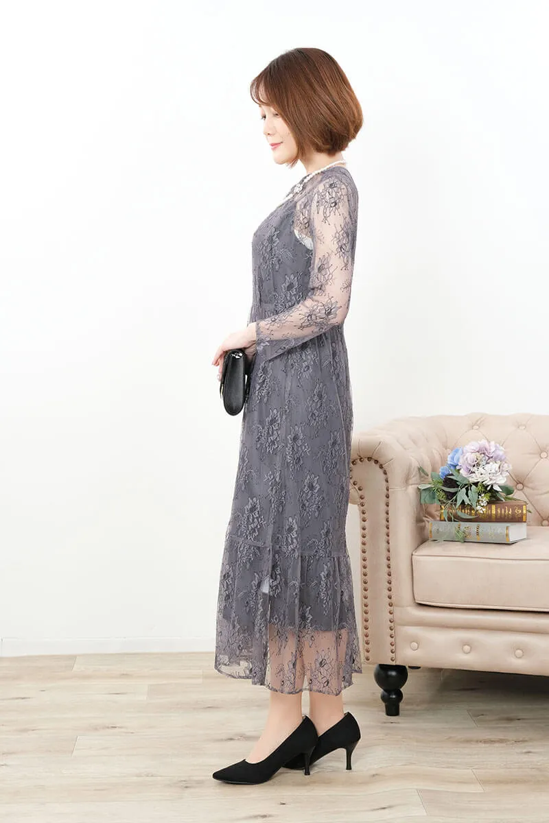グレーのオールレース配色ドレス
