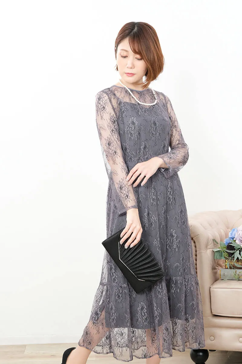グレーのオールレース配色ドレス
