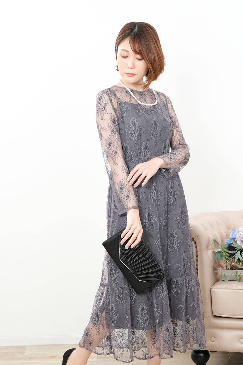 グレーのオールレース配色ドレス