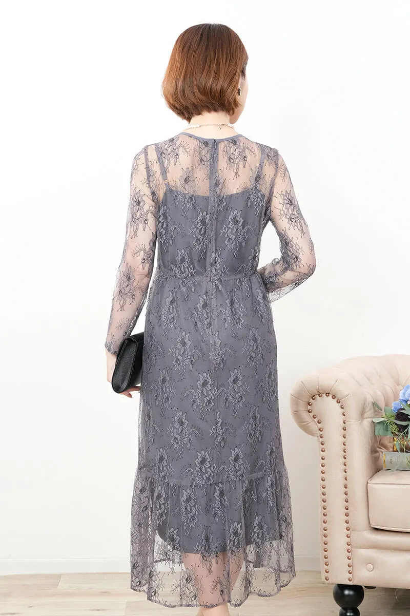 グレーのオールレース配色ドレス
