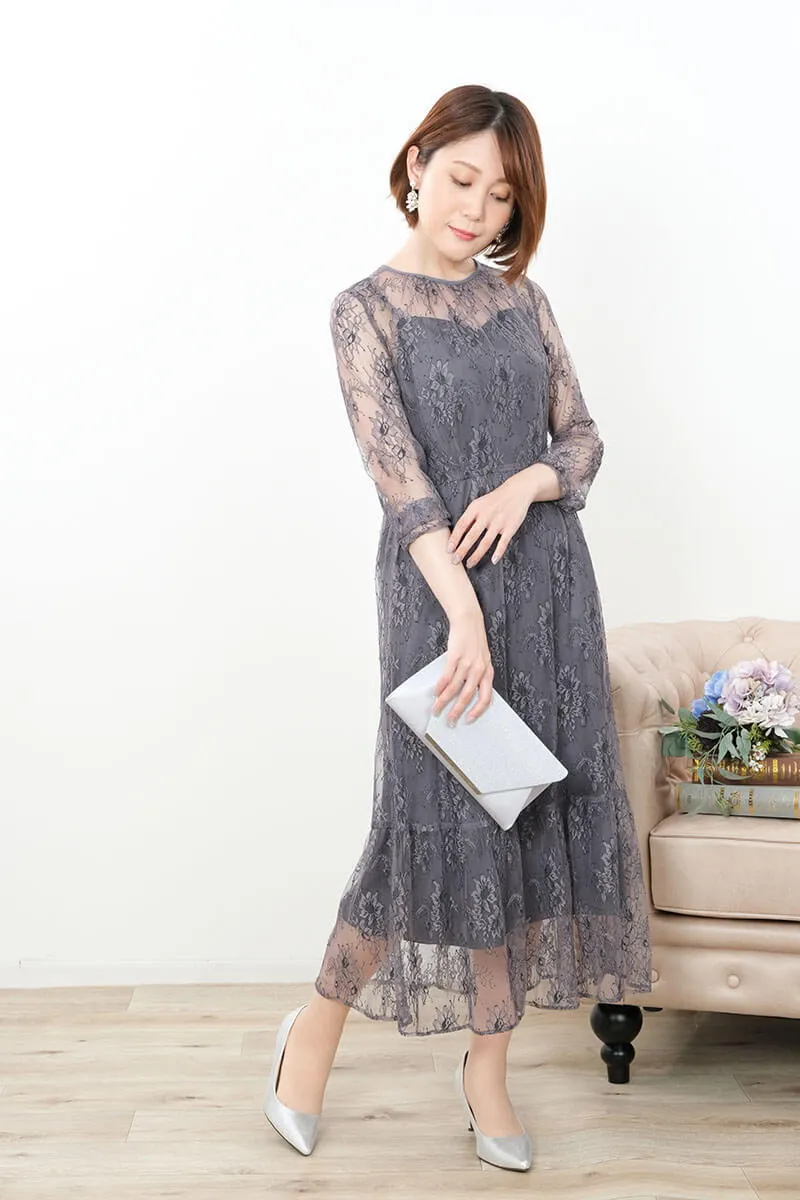 グレーのオールレース配色ドレス