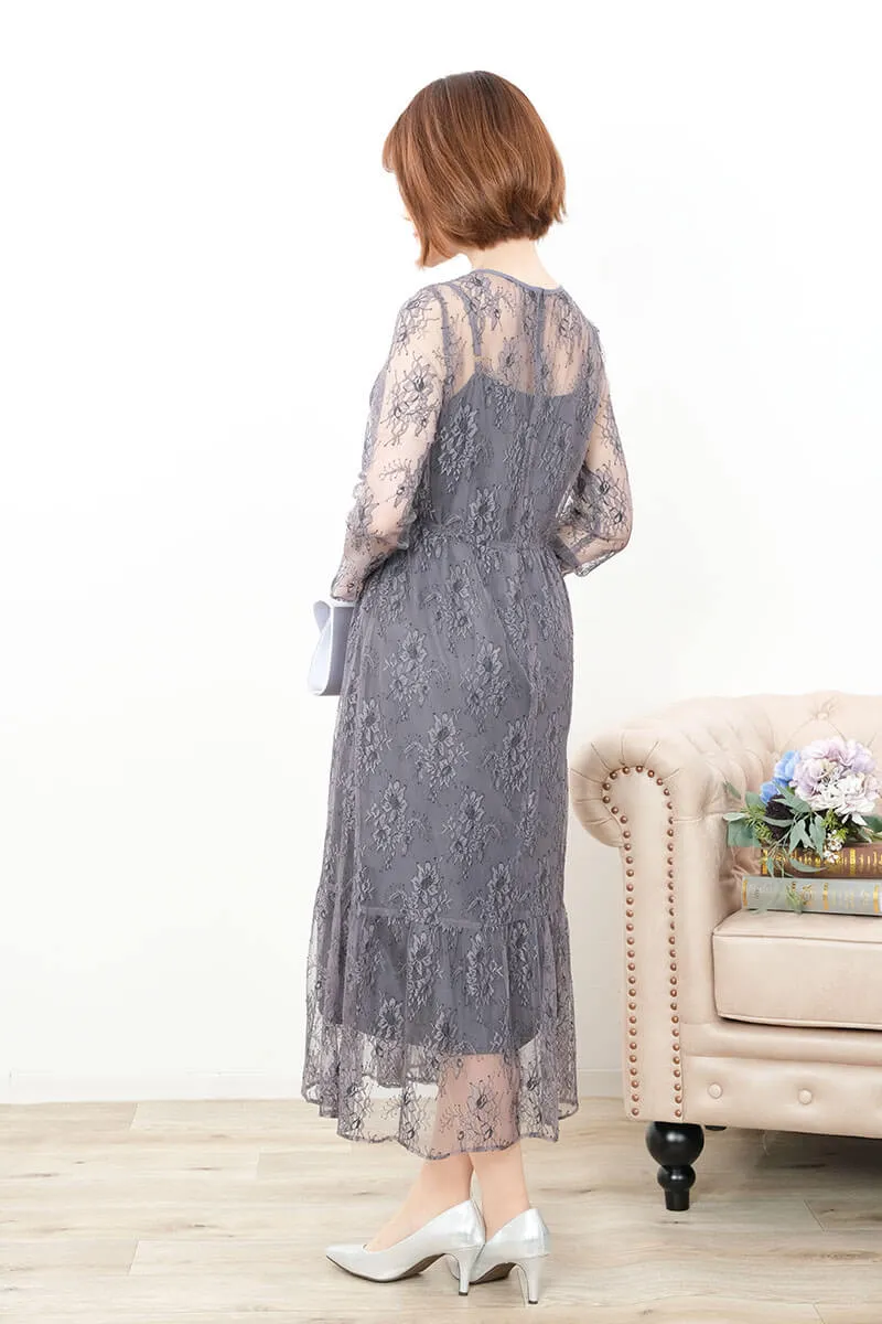 グレーのオールレース配色ドレス