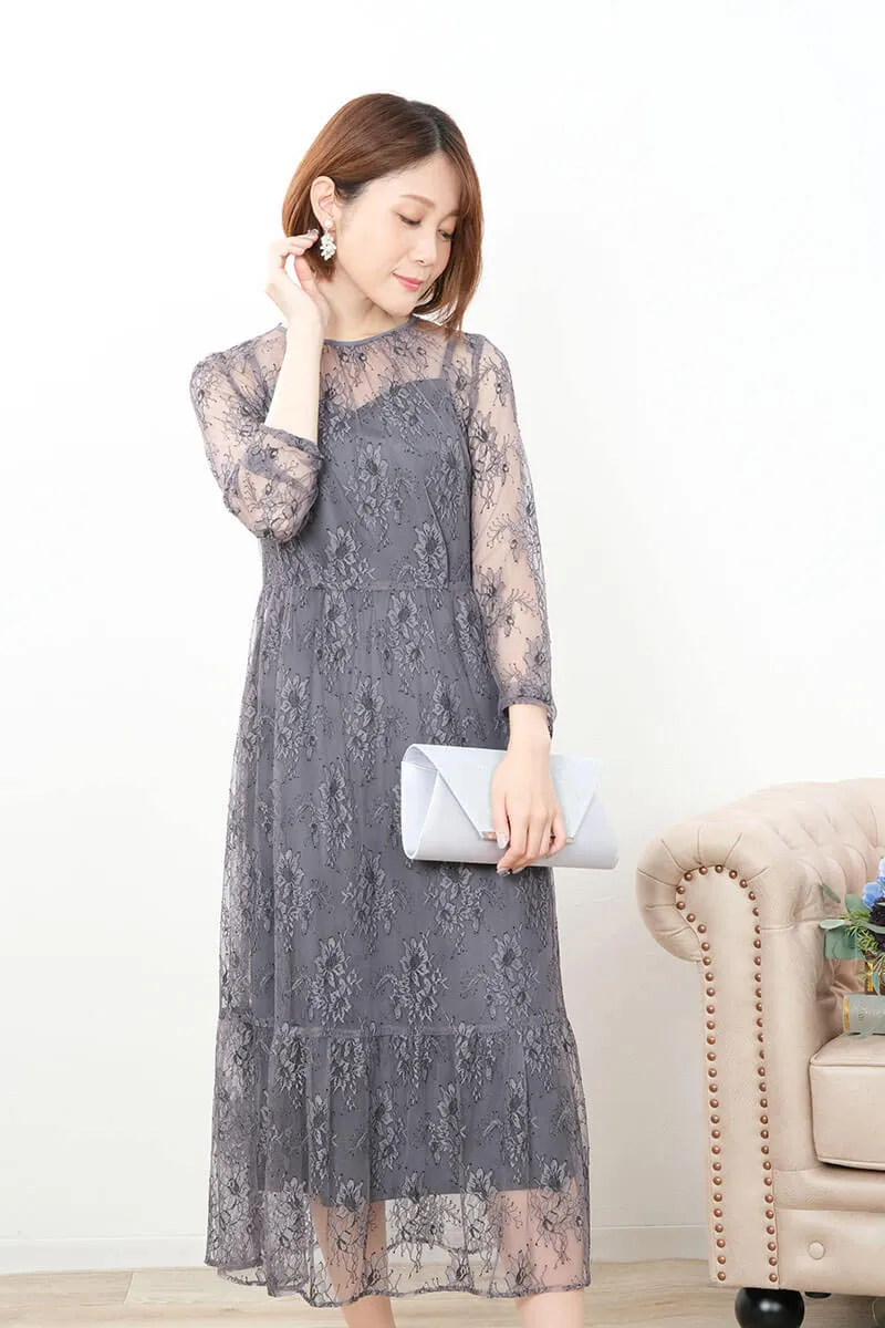 グレーのオールレース配色ドレス