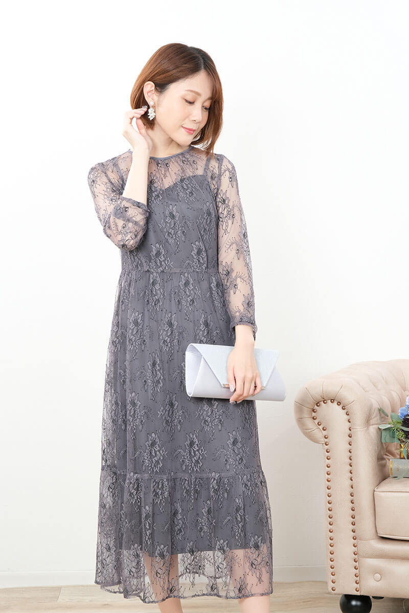 グレーのオールレース配色ドレス
