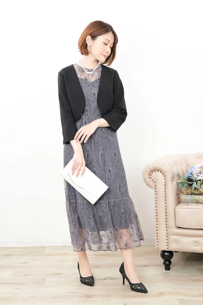 グレーのオールレース配色ドレス