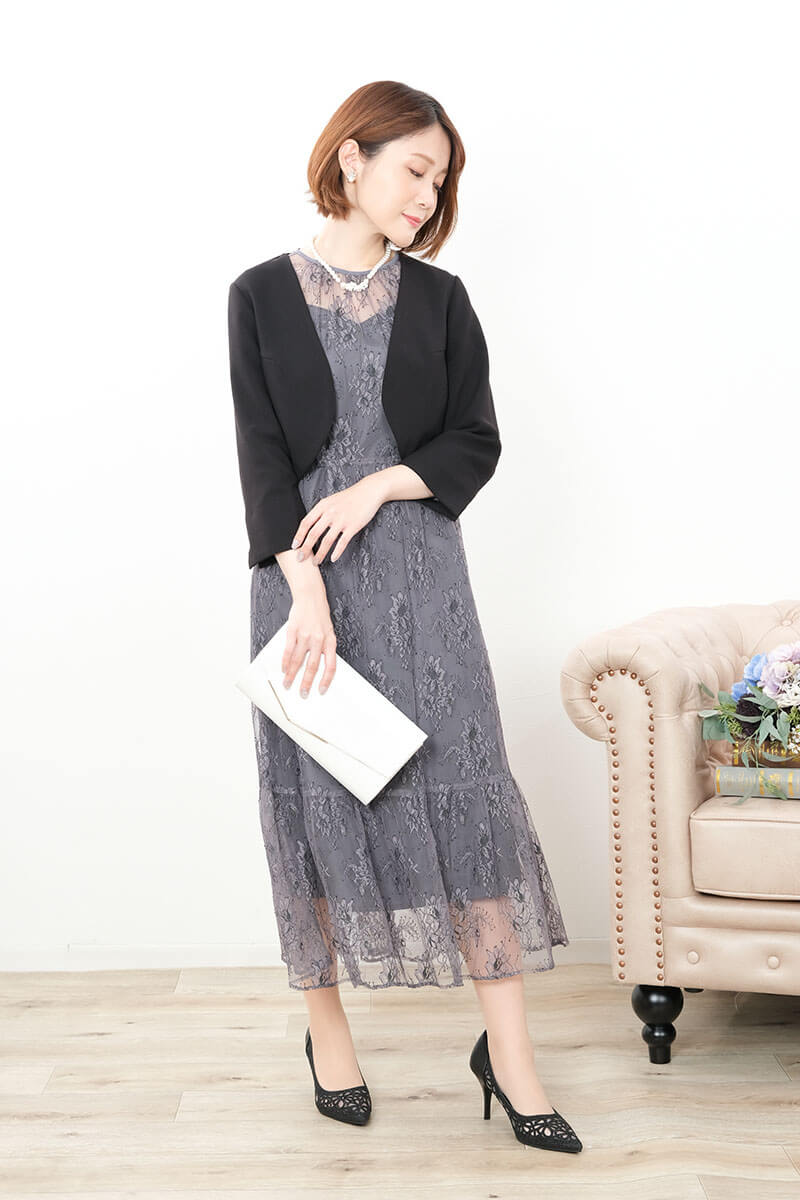 グレーのオールレース配色ドレス