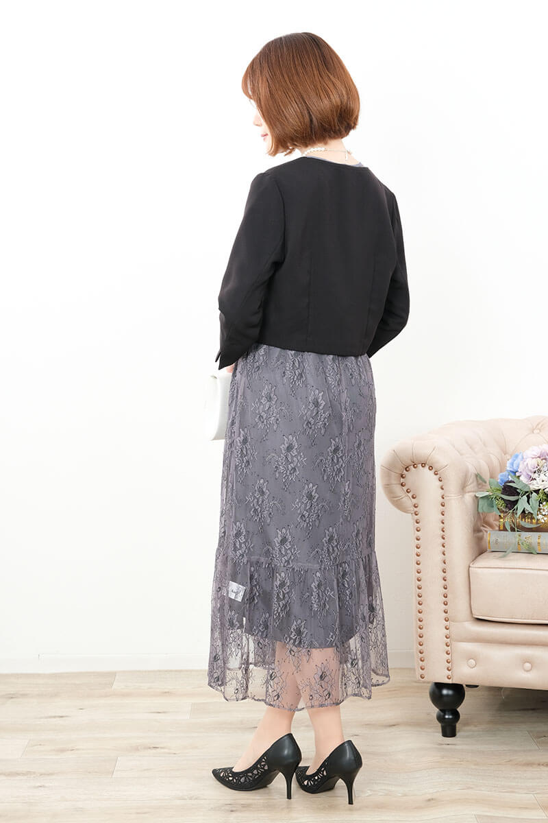 グレーのオールレース配色ドレス