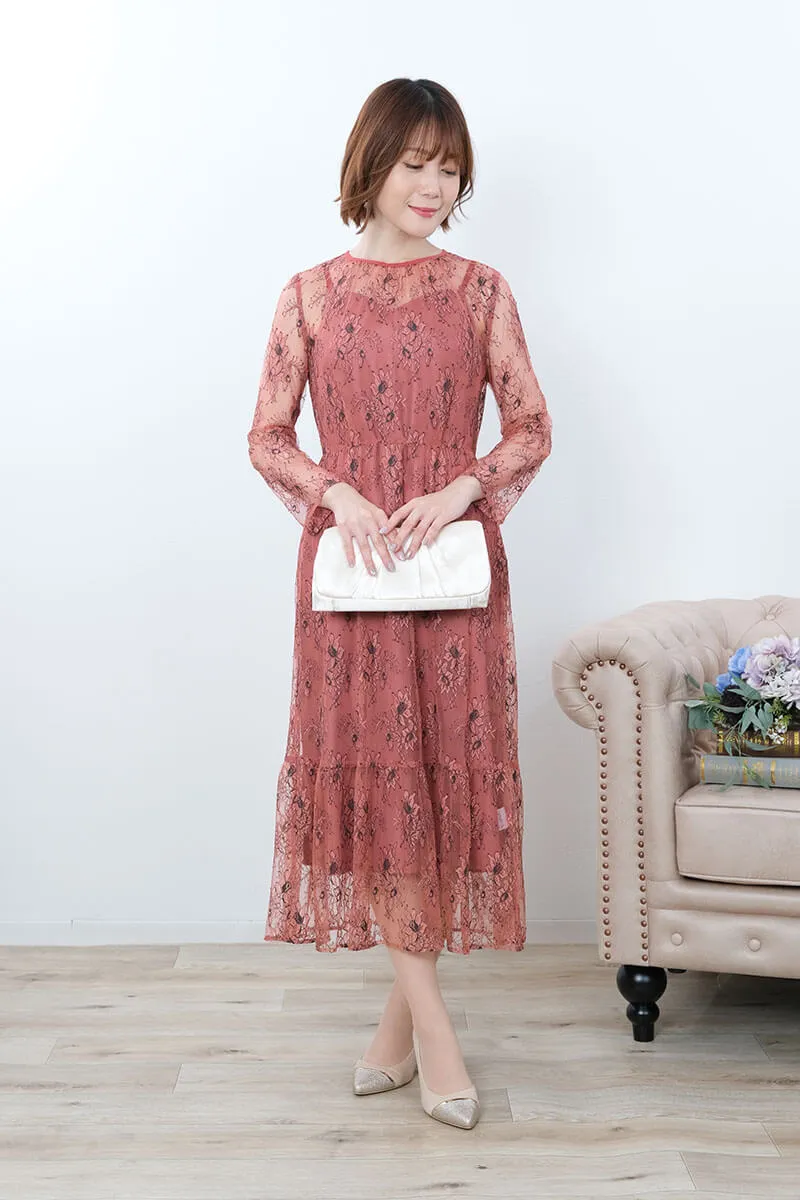 テラコッタのオールレース配色ドレス