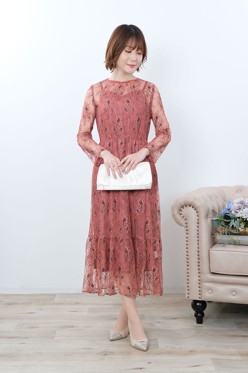 テラコッタのオールレース配色ドレス