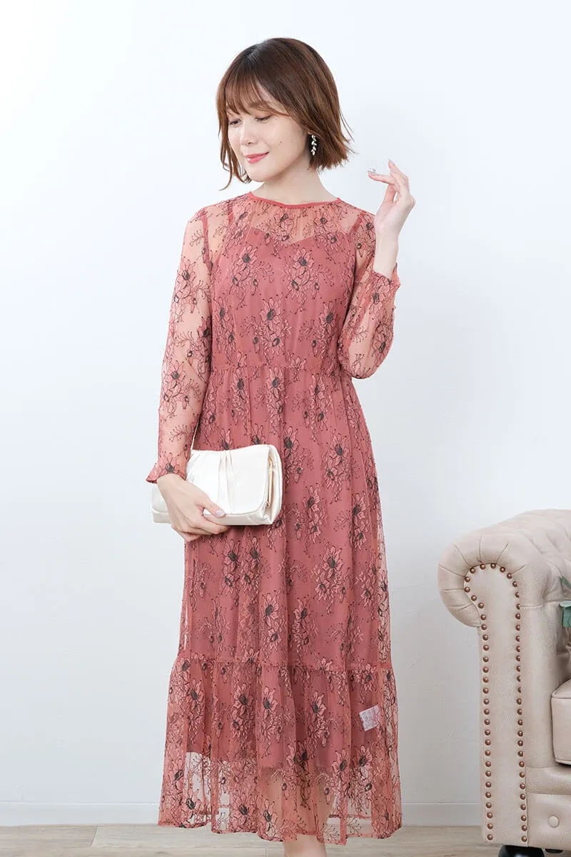 テラコッタのオールレース配色ドレス