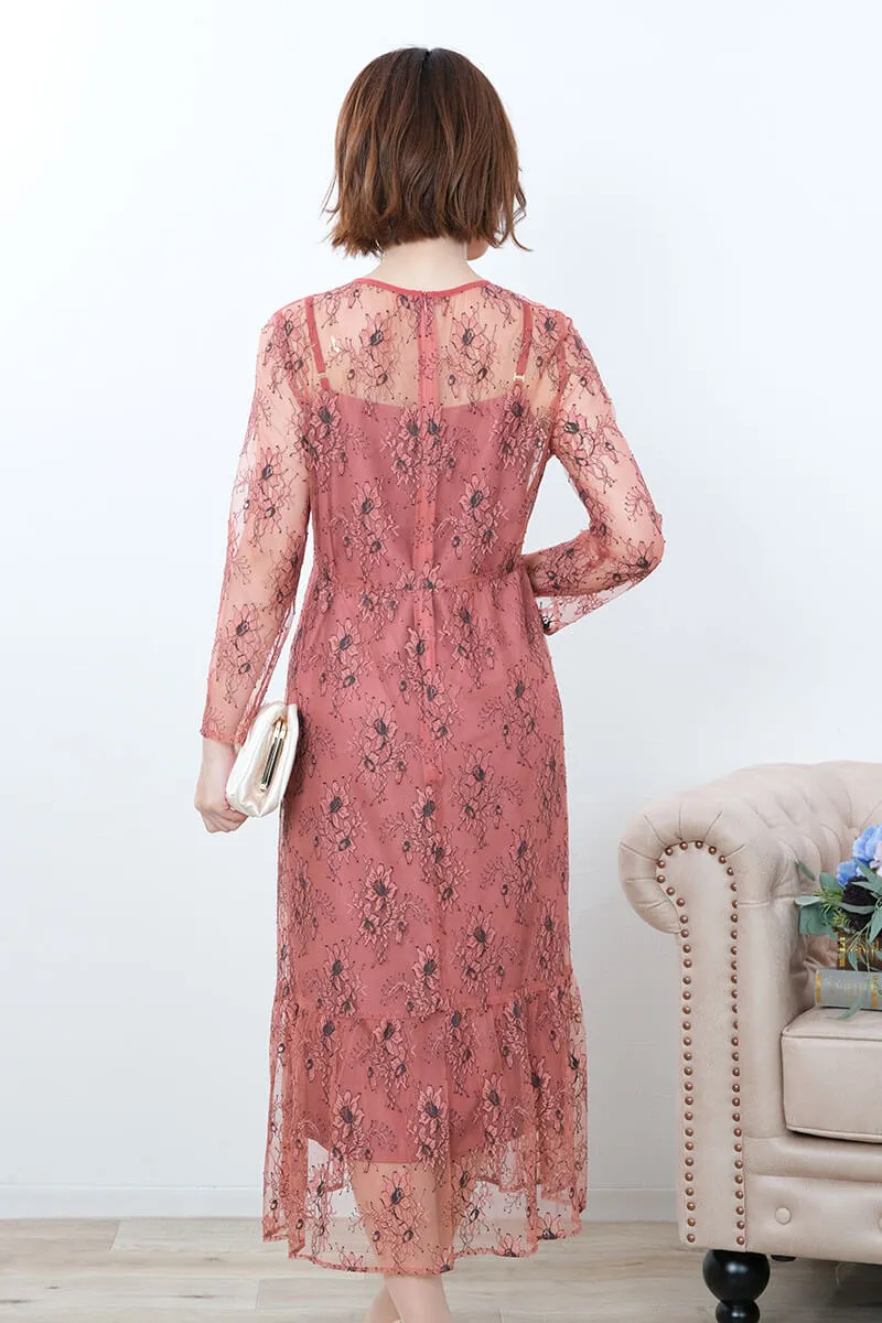 テラコッタのオールレース配色ドレス