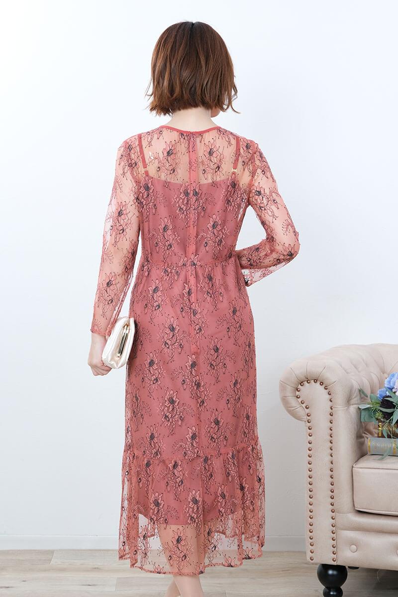 テラコッタのオールレース配色ドレス