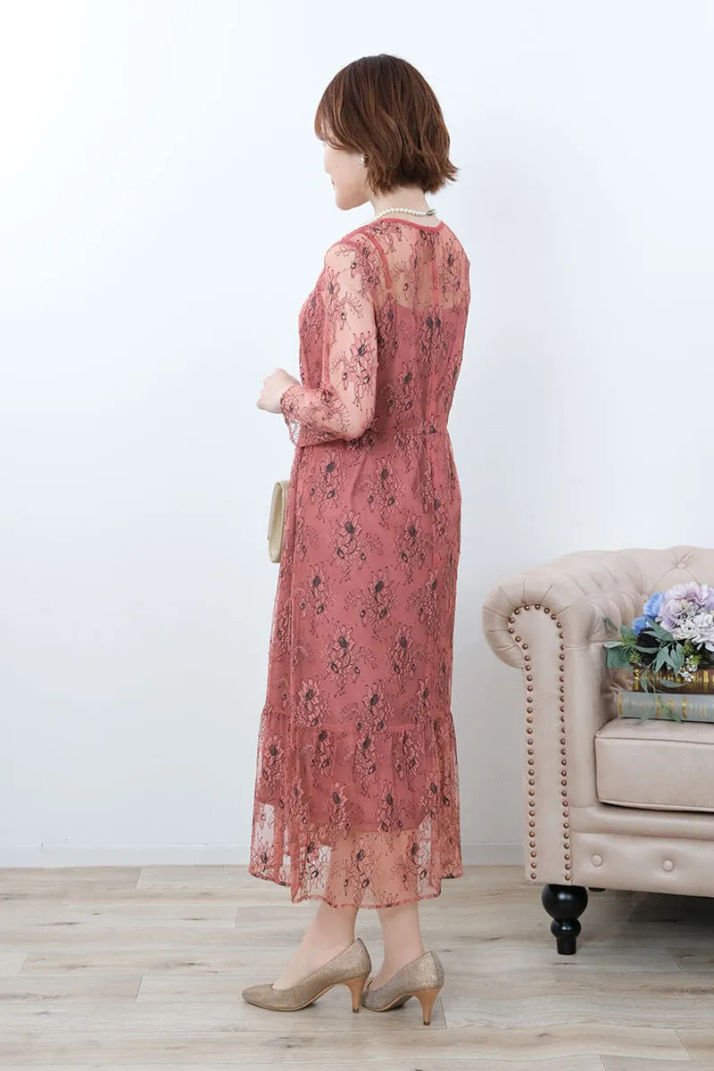 テラコッタのオールレース配色ドレス