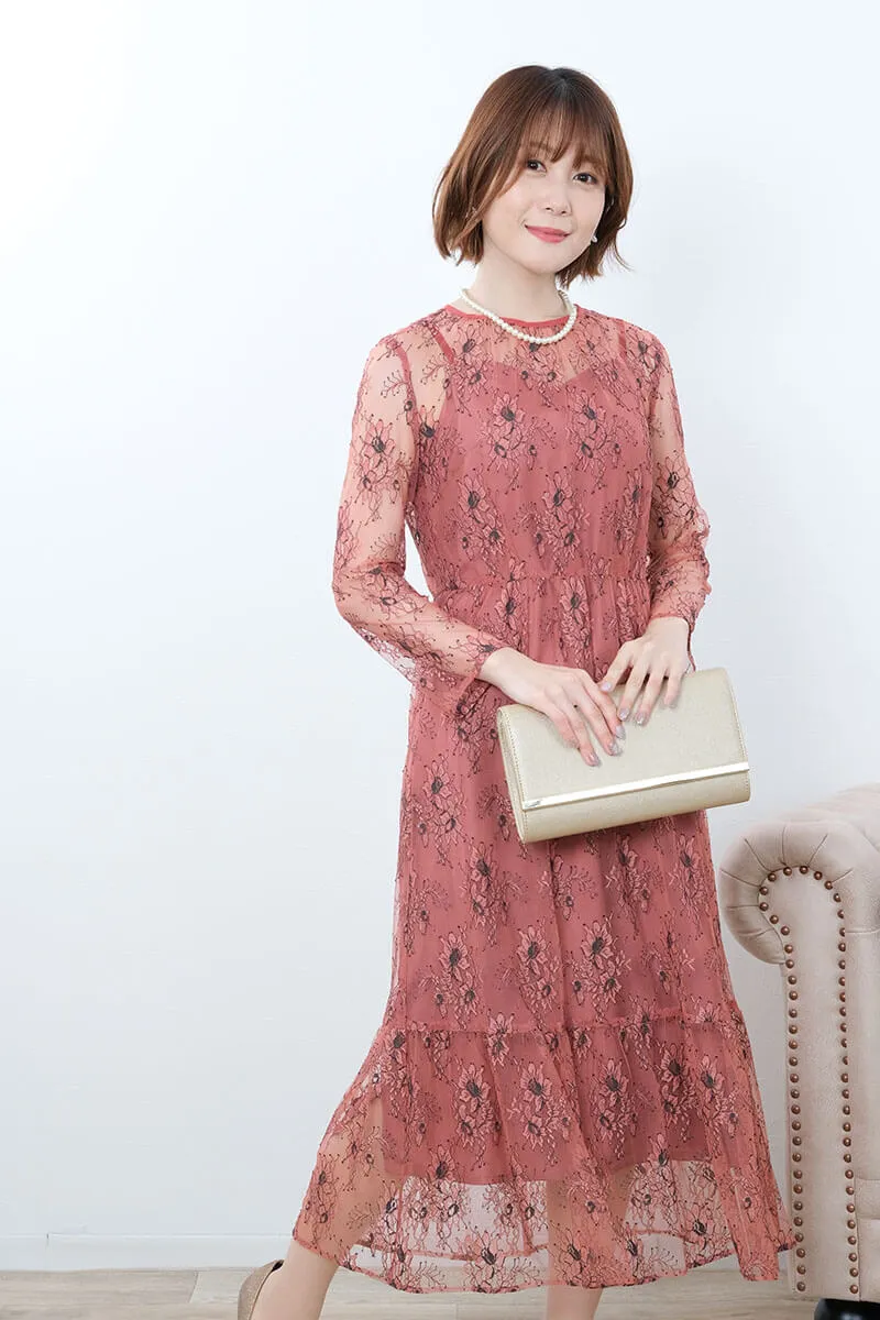 テラコッタのオールレース配色ドレス