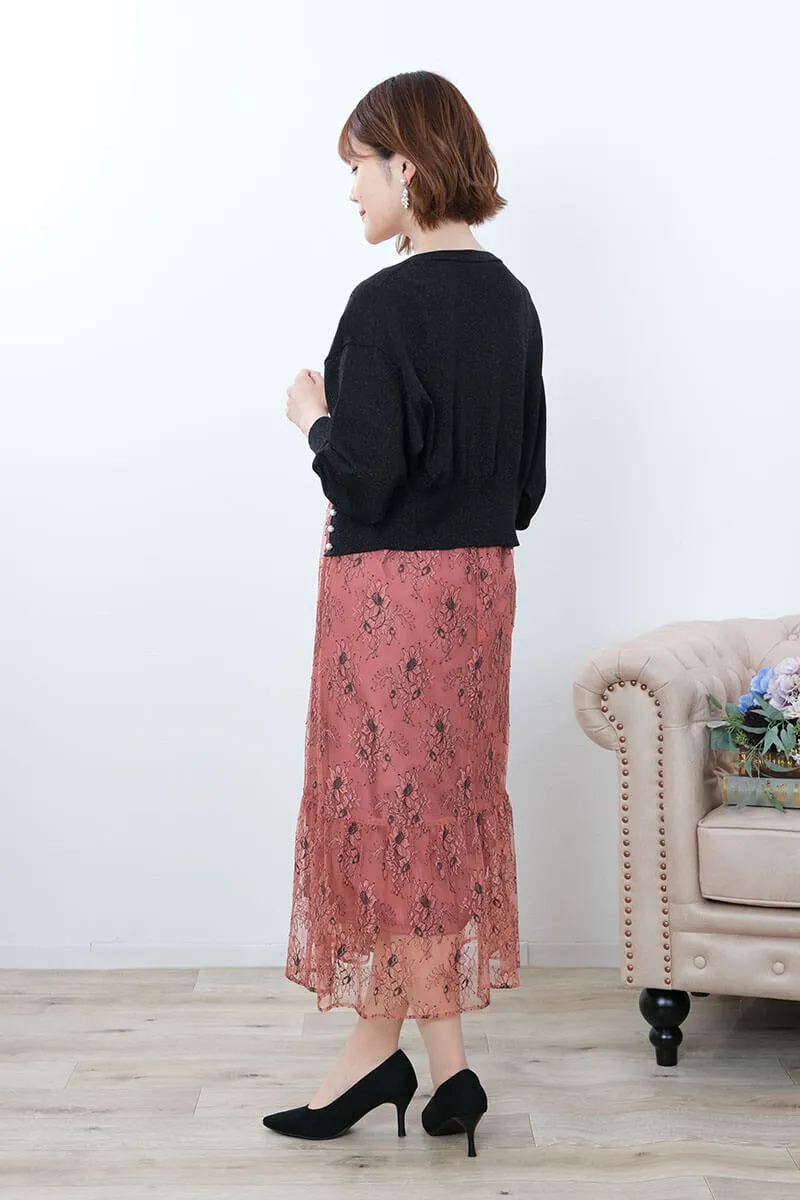 テラコッタのオールレース配色ドレス