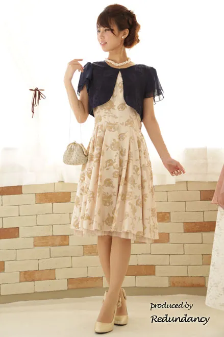 ベージュのベロア薔薇模様クラシカルドレス