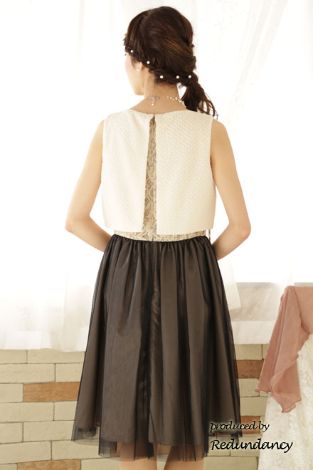 ブラウン×ベージュのハイウエスト切替レースドレス