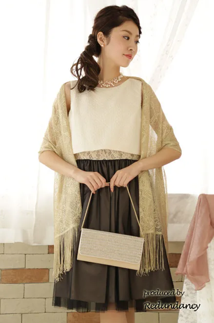 ブラウン×ベージュのハイウエスト切替レースドレス