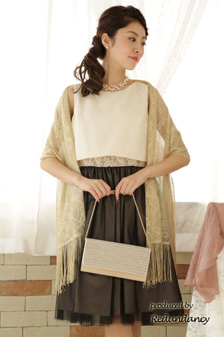 ブラウン×ベージュのハイウエスト切替レースドレス