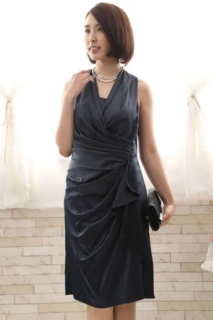 ネイビーのアメリカンスリーブタイトドレス