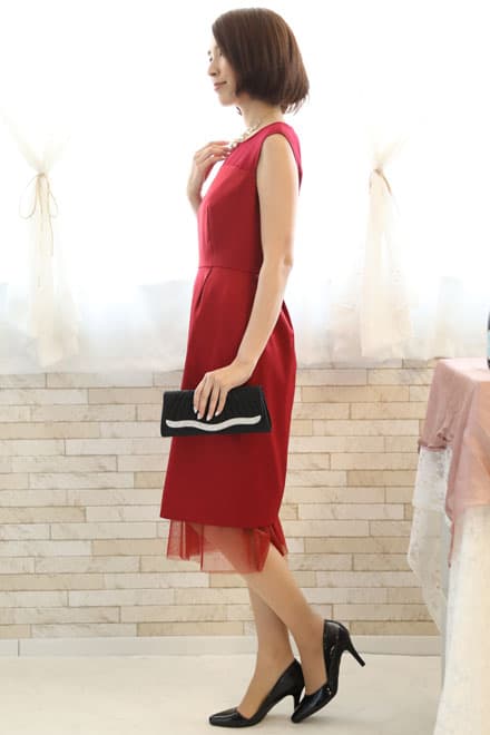 レッドのチュール切替Iラインドレス