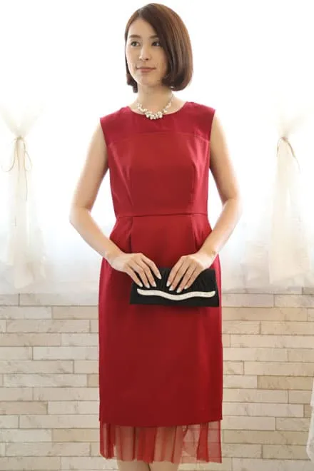 レッドのチュール切替Iラインドレス