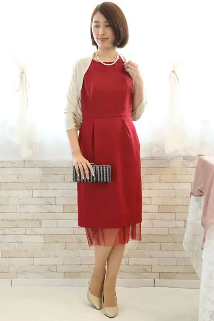 レッドのチュール切替Iラインドレス
