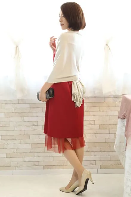 レッドのチュール切替Iラインドレス