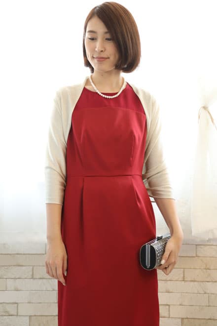 レッドのチュール切替Iラインドレス